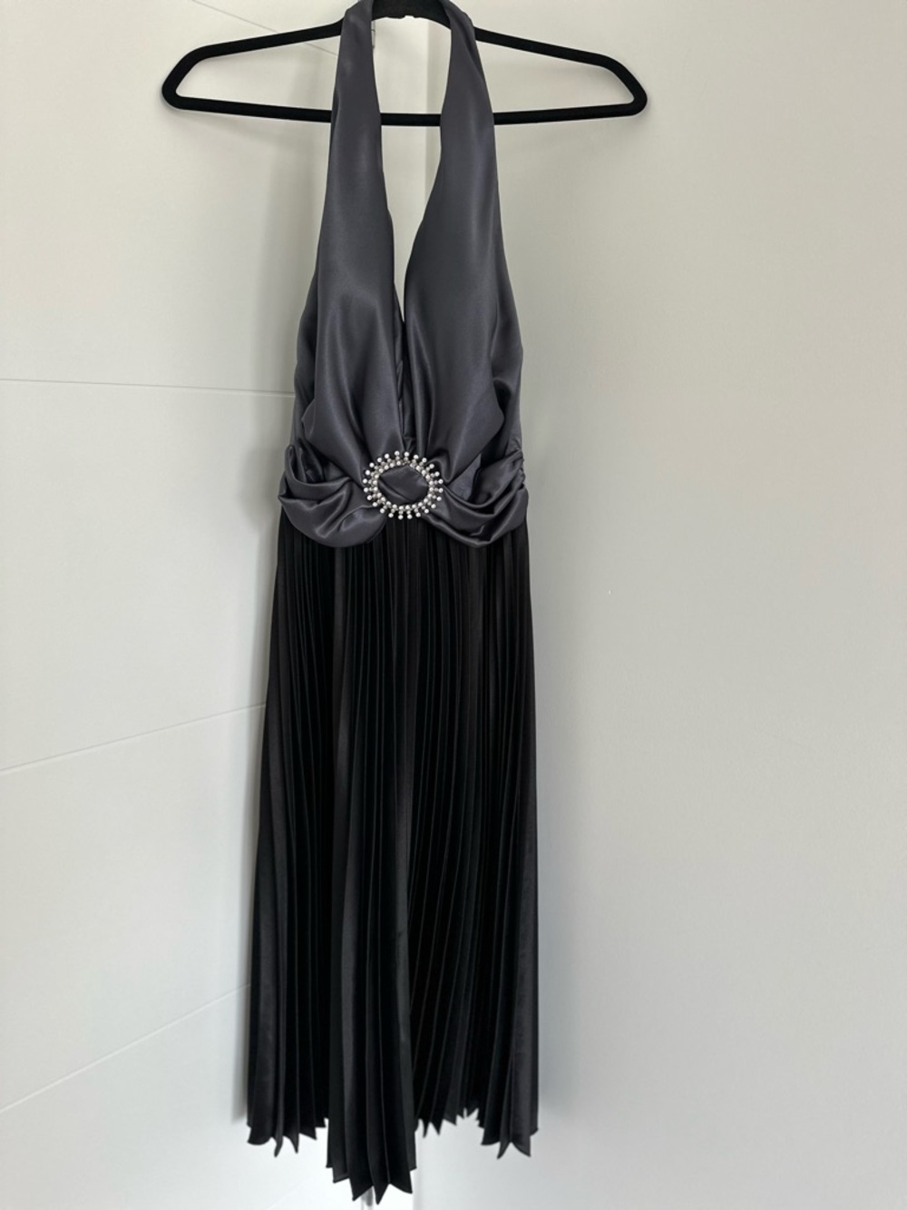 Joseph Ribkoff Halter Pleated Cocktail Dress with Rhinestone Accent